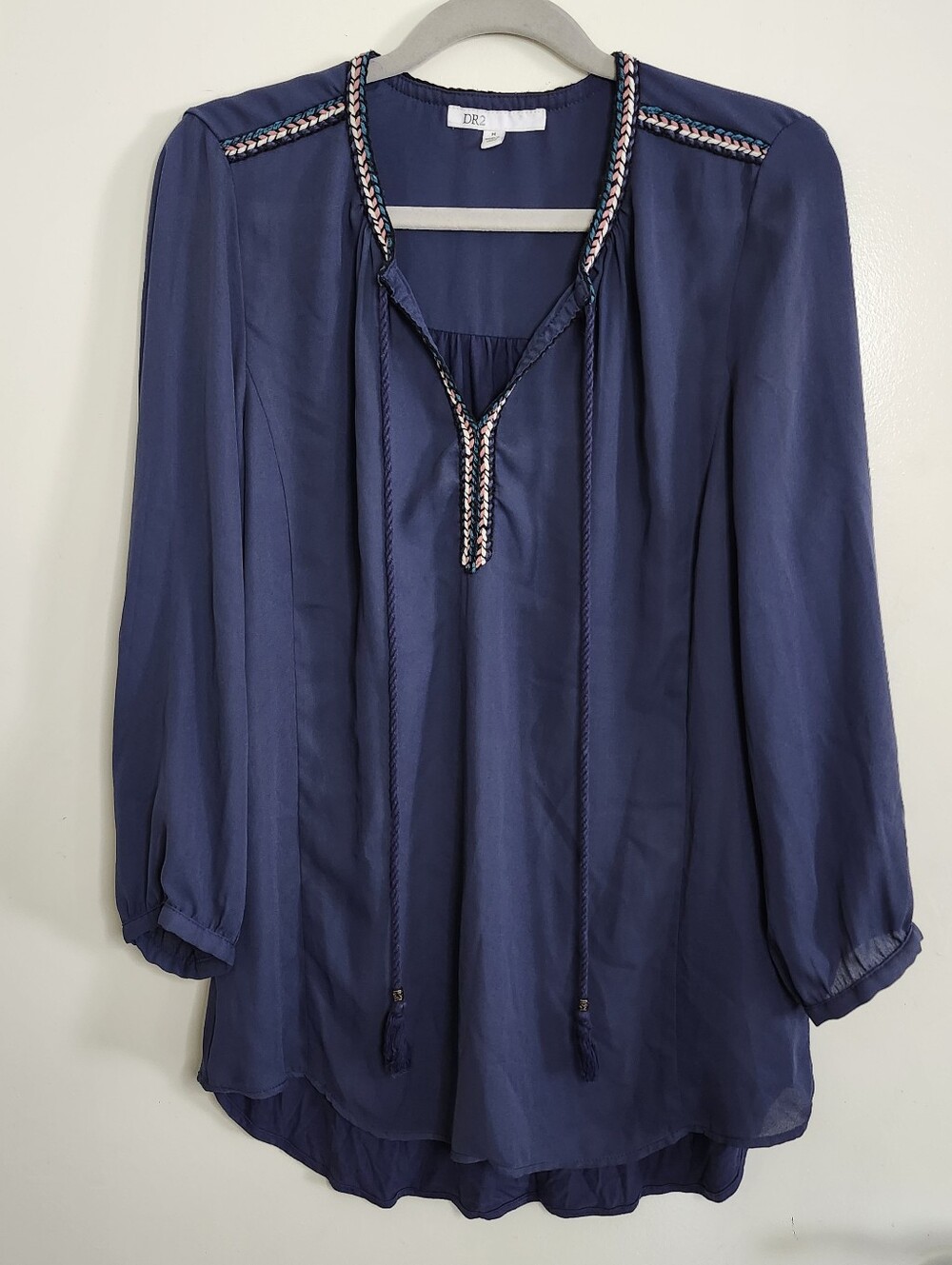DR2 Blue Boho Western Blouse M Braided Trim Tassel Tie Peasant Top